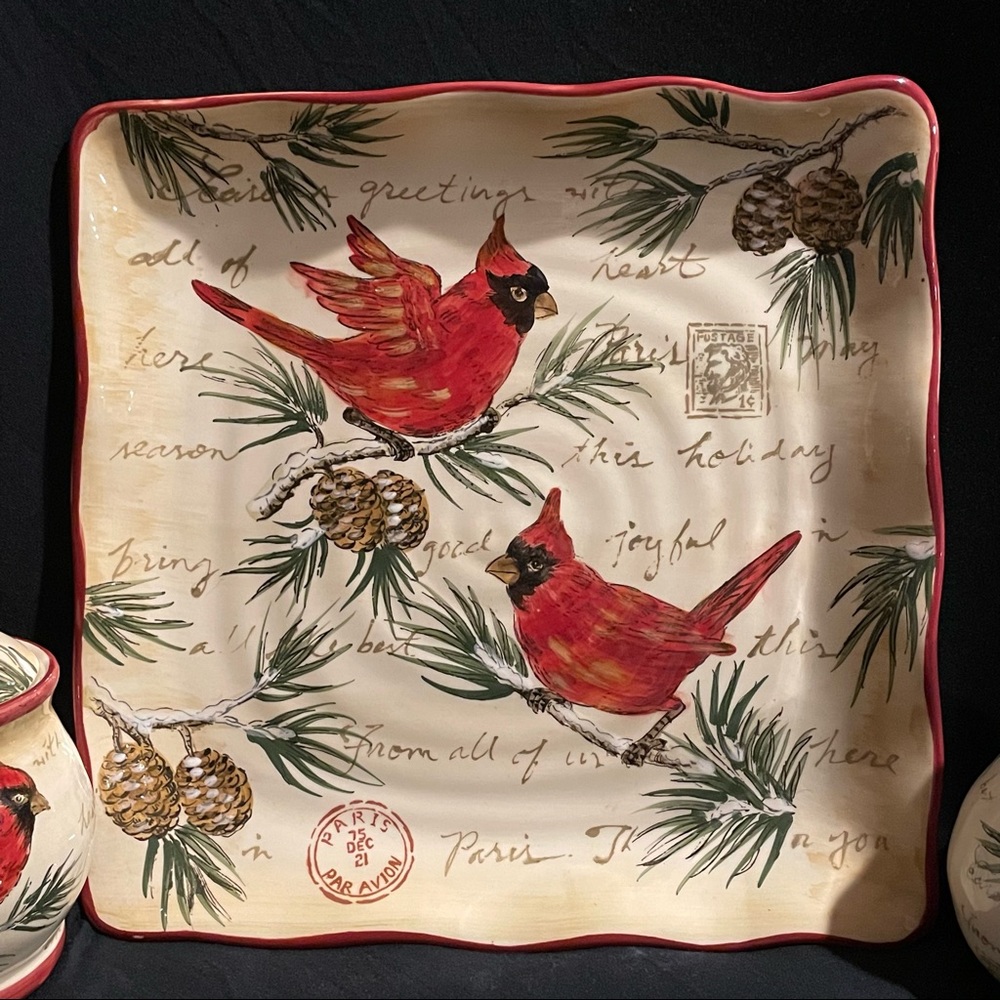 Maxcera “Warm Wishes” Plate/Creamer/Sugar Bowl Set - Seasons Greetings Cardinals - Picture 4 of 16